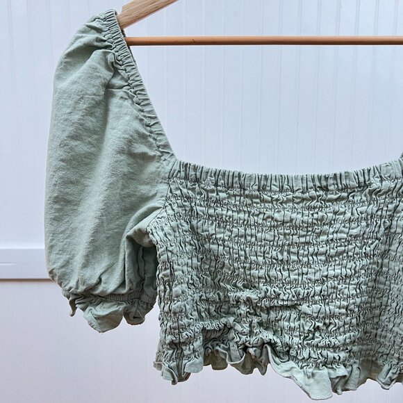 Altar'd State Sarah Smocked Babydoll Top Green Puff Sleeve Square Neck Crop L - Picture 1 of 8
